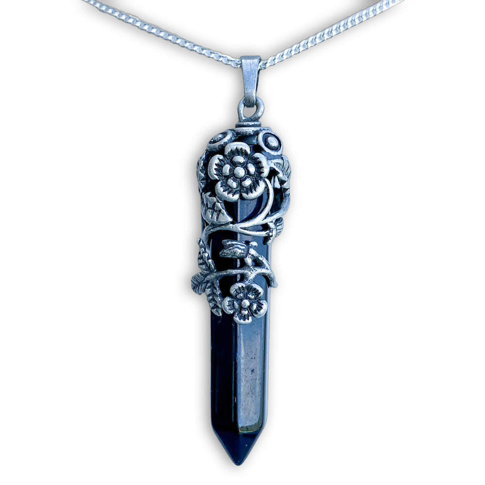 Black Agate Flower Pendant Necklaces: Wrapped Necklace - Magic Crystals - Flower Necklace