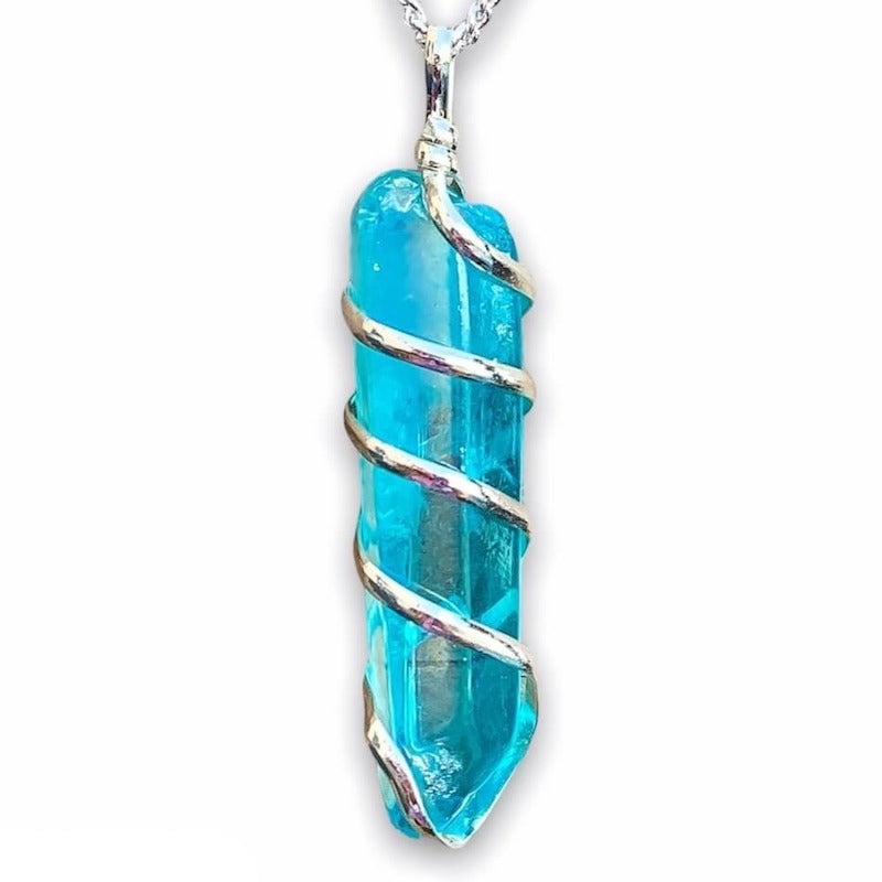 Looking for Point Natural Aura Quartz Jewelry? Magic Crystals carries a variety of Aura Quartz Spiral Wrapped Necklace. Quartz Crystal Point necklace. Wrap Necklace for Men Women. Rose, Angel, Purple, Blue Aqua, Sunshine, Ruby, Rainbow, Sunshine, Green Apple, Deep Blue, Tangerine, Deep Rose Aura Quartz