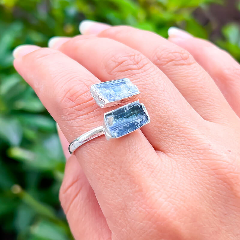 Real-Blue-Kyanite-Ring. Shop for Adjustable Dual Crystal Ring - Chakra Ring Jewelry from Magic crystals. 2 points crystal ring for creativity, passion, wisdom, and love. Activate your chakra. Birthstone Rings. Pure Natural Raw Healing Crystal for Women, men. Minimal Gemstone Rings, Chunky crystal rings, Raw gemstone rings, Raw crystal rings.