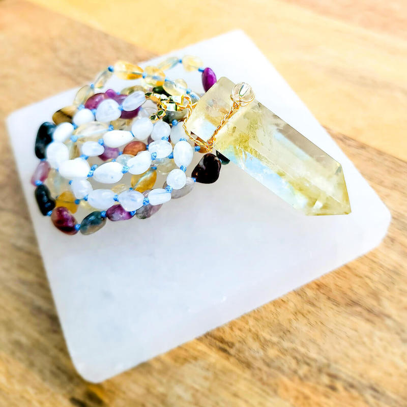 MagicCrystals with variaty of mala necklace made of genuine real crystals. Hand-Knotted Mala Crystal Necklace. Citrine-Single-Point-Mala-Necklace