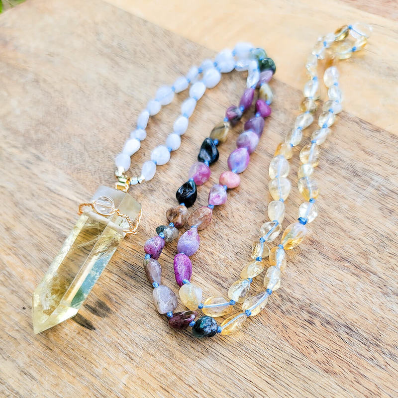 MagicCrystals with variaty of mala necklace made of genuine real crystals. Hand-Knotted Mala Crystal Necklace. Citrine-Single-Point-Mala-Necklace