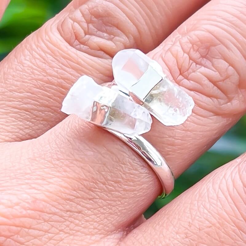 Real-Clear-Quartz-Ring. Shop for Adjustable Dual Crystal Ring - Chakra Ring Jewelry from Magic crystals. 2 points crystal ring for creativity, passion, wisdom, and love. Activate your chakra. Birthstone Rings. Pure Natural Raw Healing Crystal for Women, men. Minimal Gemstone Rings, Chunky crystal rings, Raw gemstone rings, Raw crystal rings.