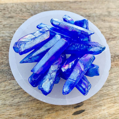    Deep-Blue-Aura-Quartz-Points. Aura Quartz Crystal Polished Point Wand