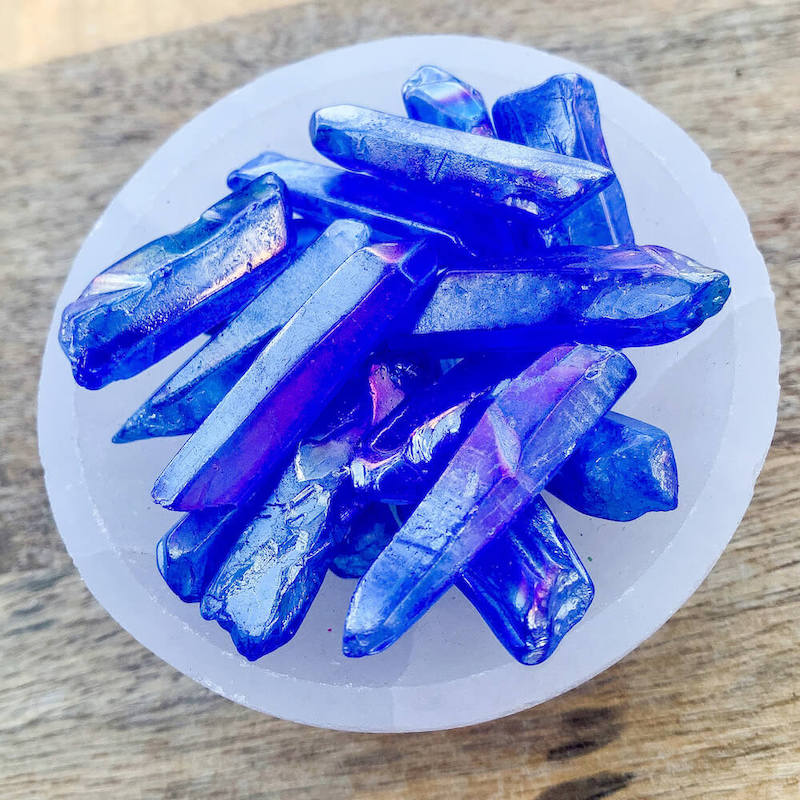    Deep-Blue-Aura-Quartz-Points. Aura Quartz Crystal Polished Point Wand