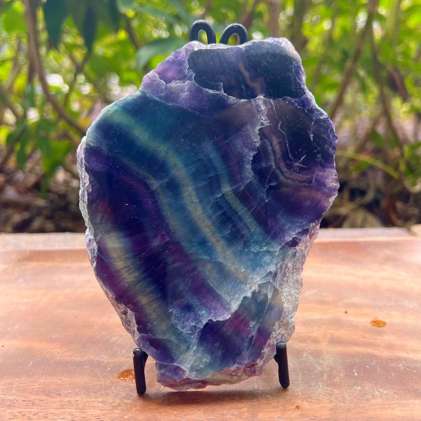 A raw amethyst crystal specimen with striking purple, blue, and green banding, displayed on a small black metal stand on a wooden surface with a blurred green garden background.