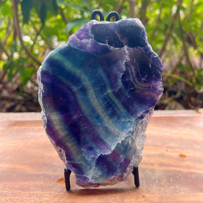 A raw amethyst crystal specimen with striking purple, blue, and green banding, displayed on a small black metal stand on a wooden surface with a blurred green garden background.