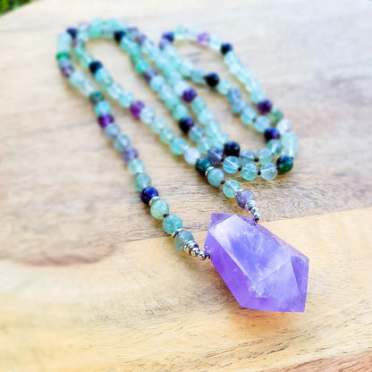 MagicCrystals with variaty of mala necklace made of genuine real crystals. Hand-Knotted Mala Crystal Necklace. Fluorite-and-Amethyst-Mala-Necklace.