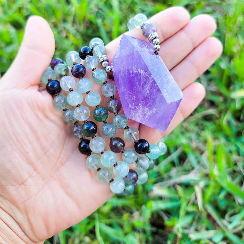 MagicCrystals with variaty of mala necklace made of genuine real crystals. Hand-Knotted Mala Crystal Necklace. Fluorite-and-Amethyst-Mala-Necklace.