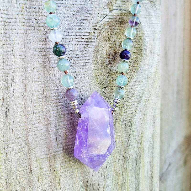 MagicCrystals with variaty of mala necklace made of genuine real crystals. Hand-Knotted Mala Crystal Necklace. Fluorite-and-Amethyst-Mala-Necklace.