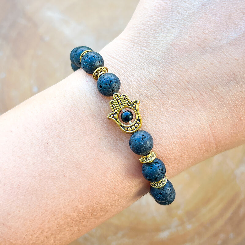 Golden-Hamsa-Lava-Bracelet. Lava Stone Natural Beaded Bracelet. Bead Bracelet. Natural Lava Stone Beaded Bracelet - Lava Jewelry - MagicCrystals