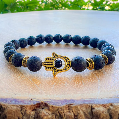 Golden-Hamsa-Lava-Bracelet. Lava Stone Natural Beaded Bracelet. Bead Bracelet. Natural Lava Stone Beaded Bracelet - Lava Jewelry - MagicCrystals