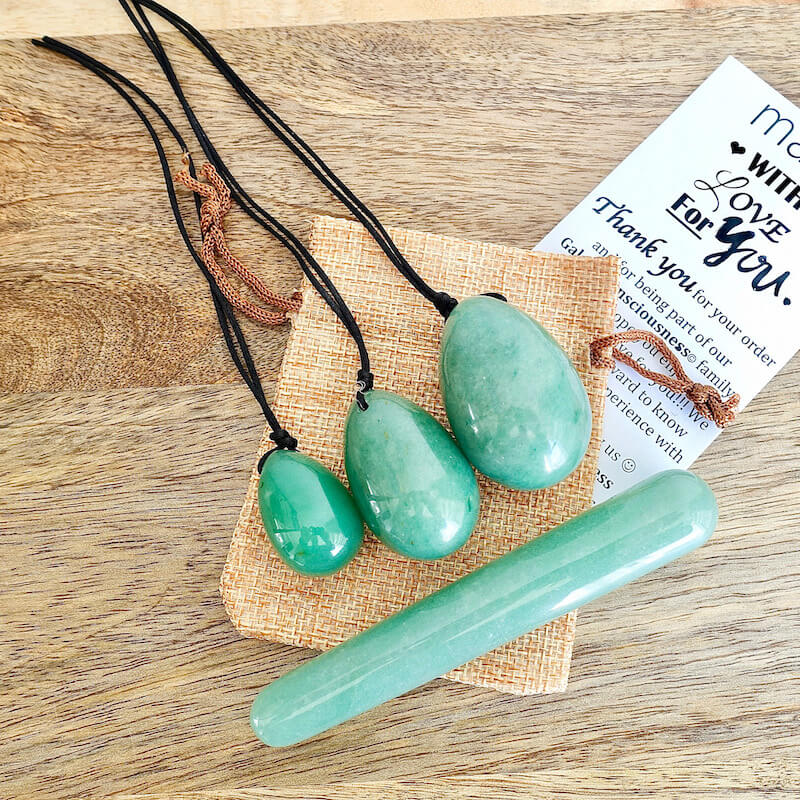    Green-Aventurine-Yoni Eggs Set and Massage Wand. These Natural Stone Yoni Egg Set and Massage Wand from Magic Crystals help you build an intimate connection with your body. Polished yoni egg crystals and wand are drilled available in Black Onyx,  Opalite, Unakite, Nephrite Jade, tiger Eye, Clear Quartz, Red jasper, Aventurine, Amethyst, Rose Quartz