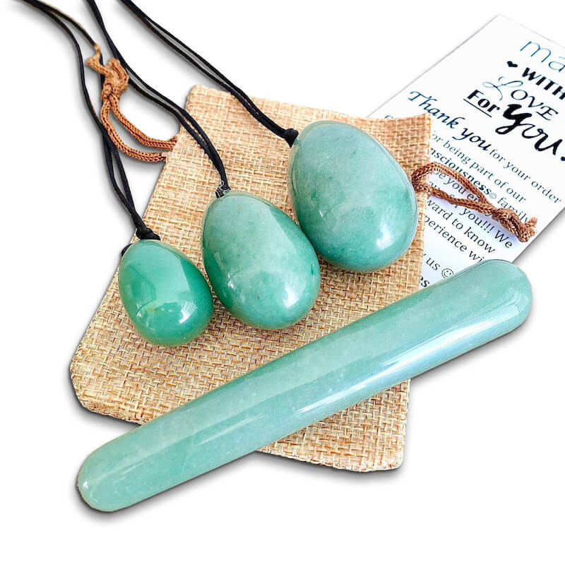    Green-Aventurine-Yoni Eggs Set and Massage Wand. These Natural Stone Yoni Egg Set and Massage Wand from Magic Crystals help you build an intimate connection with your body. Polished yoni egg crystals and wand are drilled available in Black Onyx,  Opalite, Unakite, Nephrite Jade, tiger Eye, Clear Quartz, Red jasper, Aventurine, Amethyst, Rose Quartz