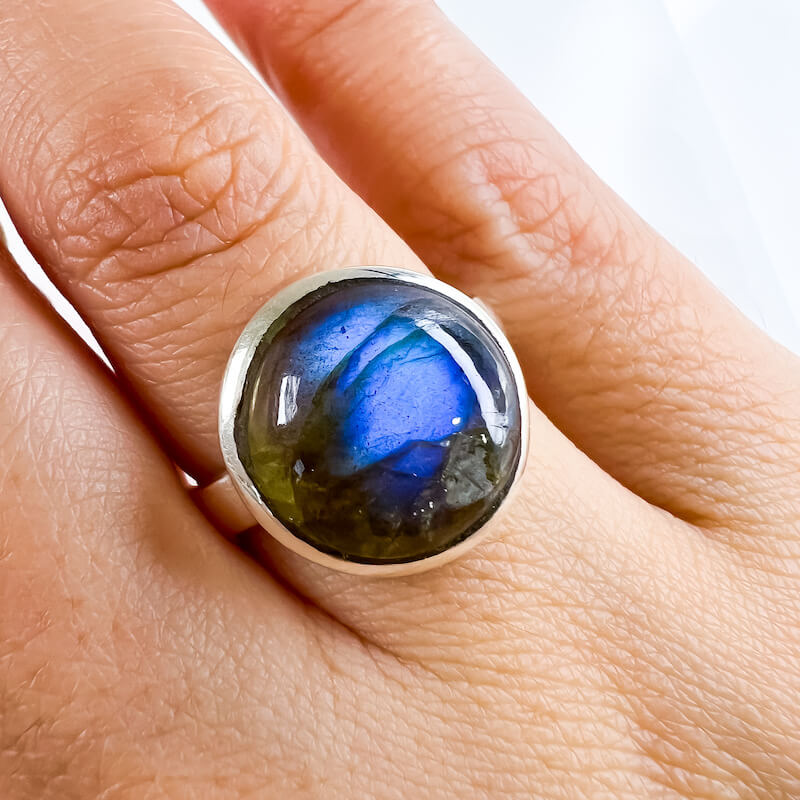 Looking for Labradorite Jewelry? Shop at Magic Crystals for Labradorite Stone Handmade Sterling Silver Ring. Labradorite Ring for Her | Flashy Labradorite Blue Crystal Gemstone Ring | Sterling Silver Wiccan Jewelry Ring. FREE SHIPPING available.