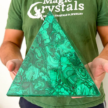 Experience the power and energy of genuine Congo malachite with this beautiful large pyramid. Handcrafted to perfection, this malachite pyramid will fill your space with energy and positivity. Unlock your spiritual potential with this one-of-a-kind malachite pyramid!