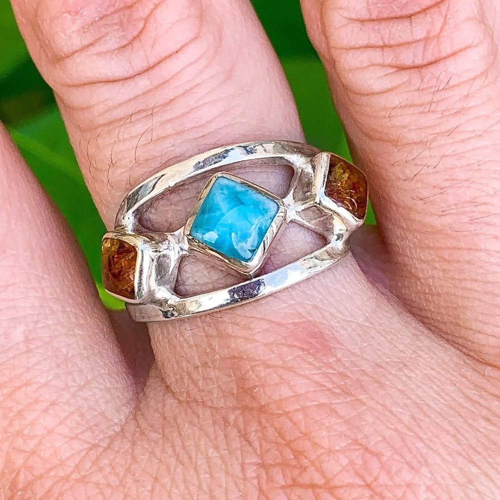Looking for AAA quality Dominican Amber Larimar Ring? Shop Genuine Larimar jewelry set in 925 Sterling Silvera at Magic Crystals. We carry Larimar necklace, Sterling Caribbean Larimar pendant, Gift For Her, or HIM Gemstone Pendant. Magiccrystals.com carries the essence of the ocean.