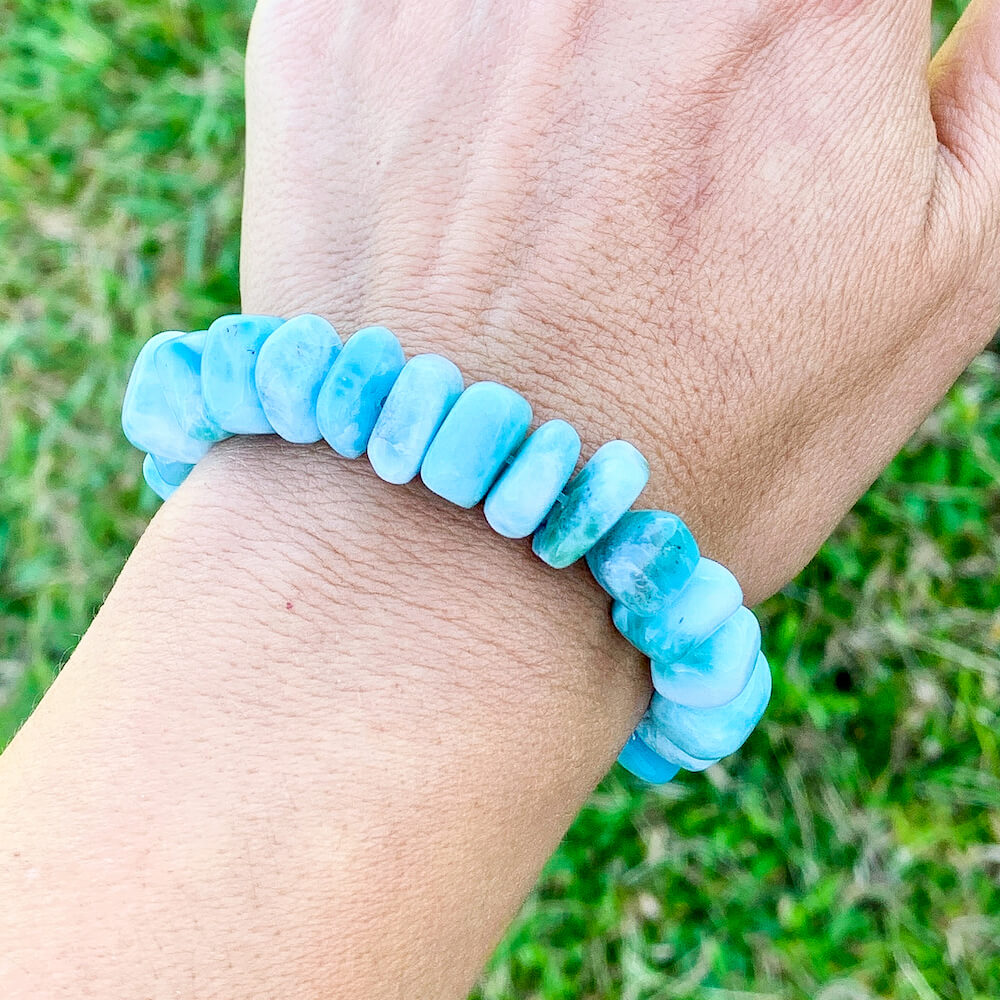 This lovely, rare, and spectacular mineral gem called Larimar is found in the Dominican Republic. Shop Genuine Larimar Bracelet, Aquamarine Bracelet at Magic Crystals. We carry Larimar Bracelet, Larimar Jewelry, Anxiety Bracelet, Gift For Her, Mala. Magiccrystals.com carries the essence of the ocean.