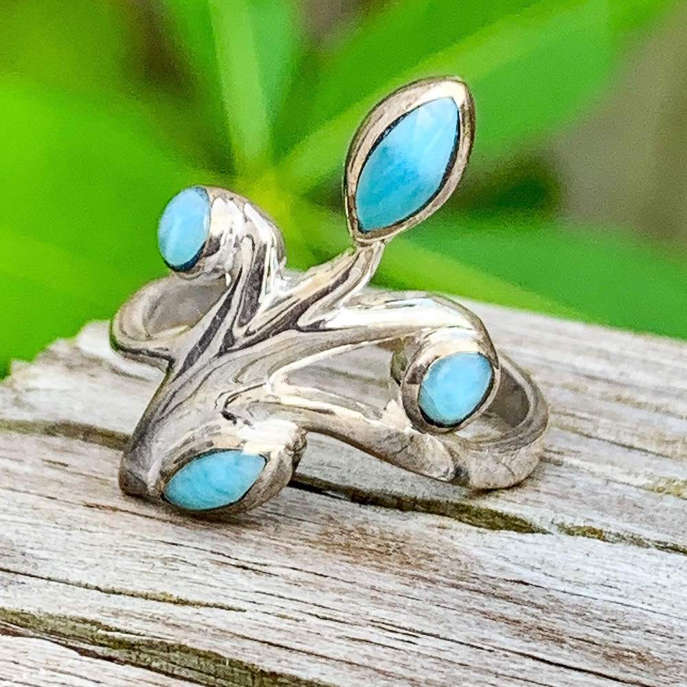 Looking for AAA quality Dominican Flower Larimar Ring? Shop Genuine Larimar jewelry set in 925 Sterling Silvera at Magic Crystals. We carry Larimar necklace, Sterling Caribbean Larimar pendant, Gift For Her, or HIM Gemstone Pendant. Magiccrystals.com carries the essence of the ocean.