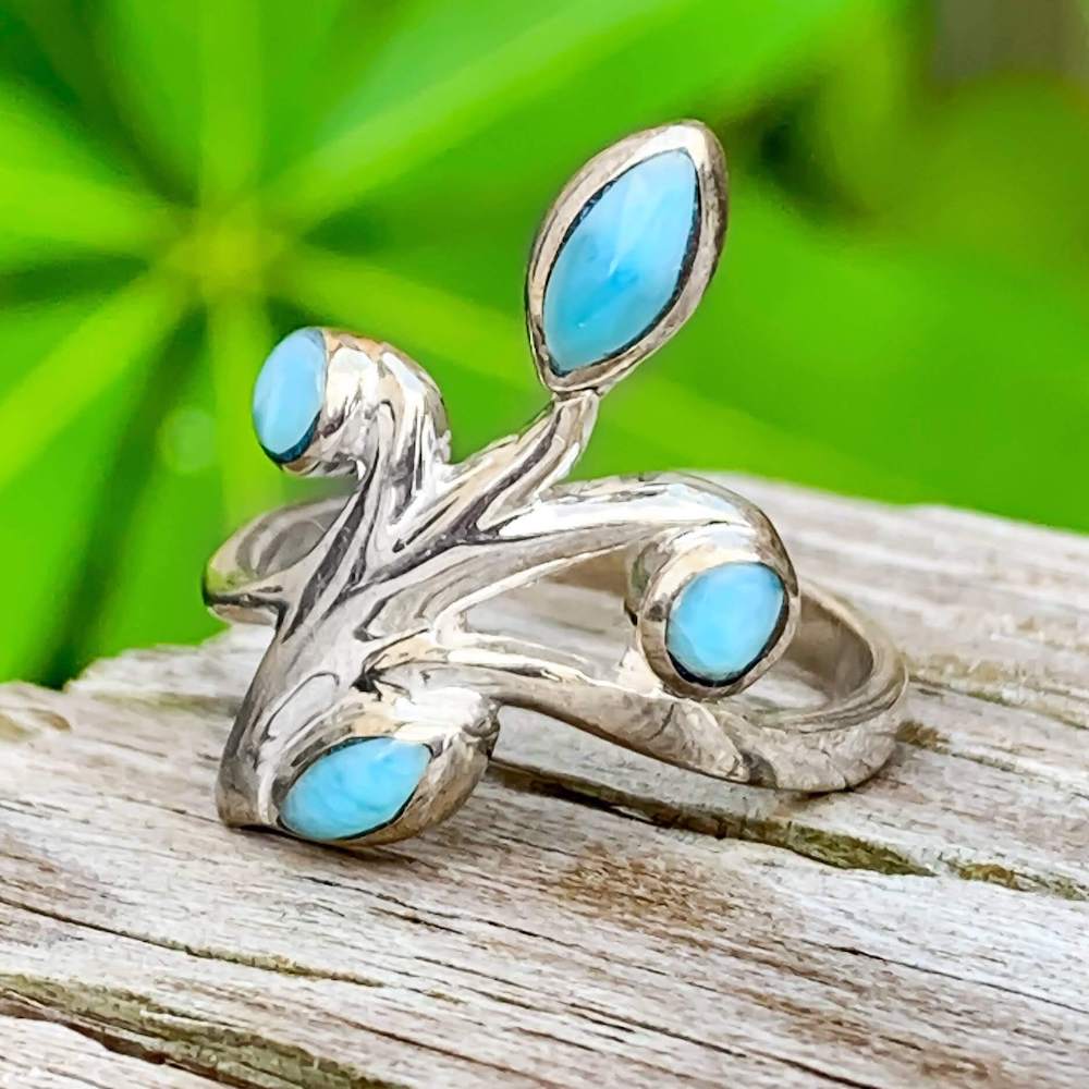 Looking for AAA quality Dominican Flower Larimar Ring? Shop Genuine Larimar jewelry set in 925 Sterling Silvera at Magic Crystals. We carry Larimar necklace, Sterling Caribbean Larimar pendant, Gift For Her, or HIM Gemstone Pendant. Magiccrystals.com carries the essence of the ocean.