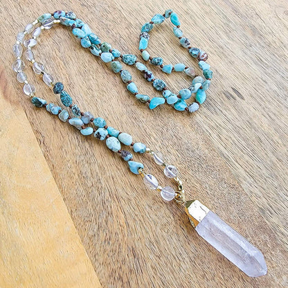 Awaken your Throat and Heart Eye Chakra with our captivating Larimar and Clear Quartz Knotted Beads Mala Necklace gemstone mala! Exclusive to Magic Crystals. Mala features a combination of Larimar and Clear Quartz beads. Each pendant and necklace is unique!