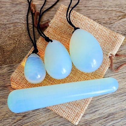    Opalite-Jade-Yoni Eggs Set and Massage Wand. These Natural Stone Yoni Egg Set and Massage Wand from Magic Crystals help you build an intimate connection with your body. Polished yoni egg crystals and wand are drilled available in Black Onyx,  Opalite, Unakite, Nephrite Jade, tiger Eye, Clear Quartz, Red jasper, Aventurine, Amethyst, Rose Quartz