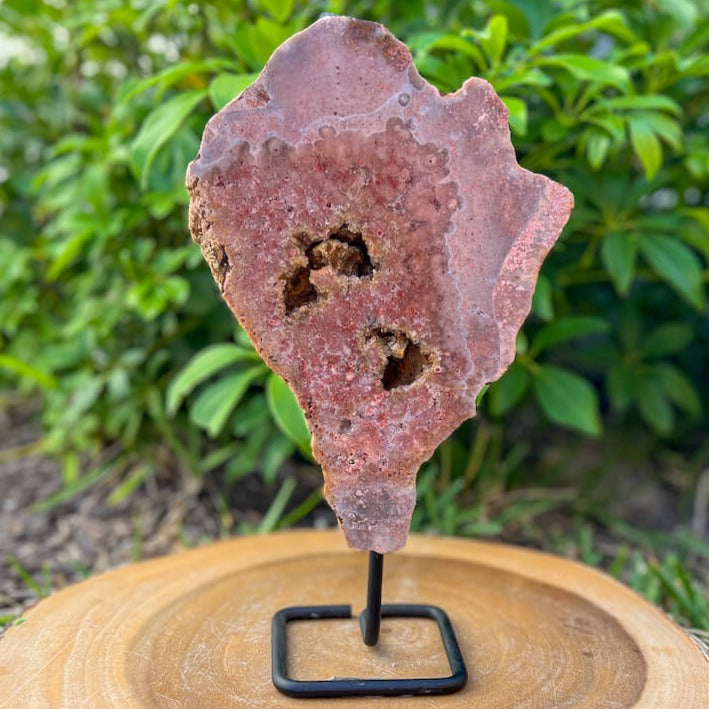 Pink-Amethyst-On-A-Slab. Stone & Quartz. Pink Amethyst Polished Slab on a stand for collector, Pink Amethyst with Druzy Pockets on a stand. Pink Amethyst Slab for display - Druzy Amethyst Stone on Stand, Point, Stone Point, Crystal Point, Pink Amethyst Stones at MagicCrystals
