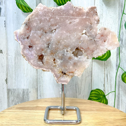 Pink-Amethyst-On-A-Slab. Stone & Quartz. Pink Amethyst Polished Slab on a stand for collector, Pink Amethyst with Druzy Pockets on a stand. Pink Amethyst Slab for display - Druzy Amethyst Stone on Stand, Point, Stone Point, Crystal Point, Pink Amethyst Stones at MagicCrystals c