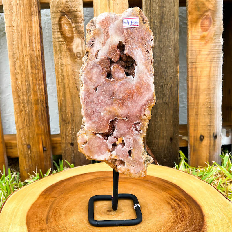 Pink-Amethyst-On-A-Slab. Stone & Quartz. Pink Amethyst Polished Slab on a stand for collector, Pink Amethyst with Druzy Pockets on a stand. Pink Amethyst Slab for display - Druzy Amethyst Stone on Stand, Point, Stone Point, Crystal Point, Pink Amethyst Stones at MagicCrystals M