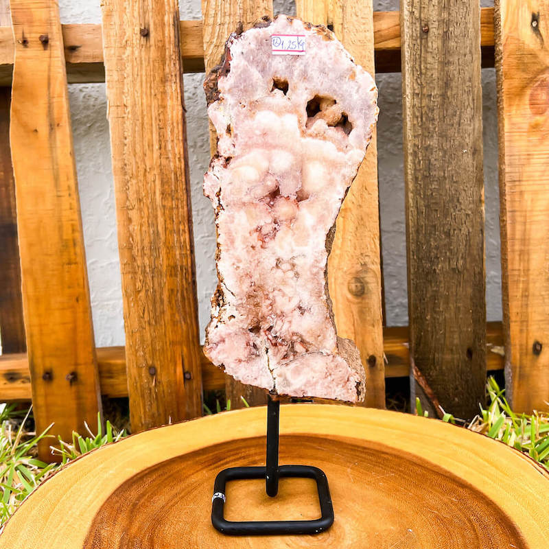 Pink-Amethyst-On-A-Slab. Stone & Quartz. Pink Amethyst Polished Slab on a stand for collector, Pink Amethyst with Druzy Pockets on a stand. Pink Amethyst Slab for display - Druzy Amethyst Stone on Stand, Point, Stone Point, Crystal Point, Pink Amethyst Stones at MagicCrystals M