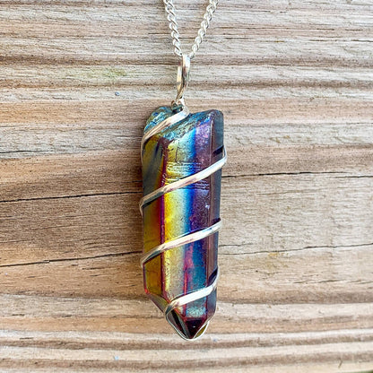 Looking for Rainbow Aura Points, Rainbow Quartz Point? Shop at Magic Crystals for a variety of Aura Quartz Crystal Rainbow Jewelry. Aura Quartz Crystal point. Raw Rainbow Aura Quartz Crystal Necklace, Healing Gemstone, Rainbow Aura Quartz Pendant. Raw Crystal Point Pendant Necklace, Wrap Necklace for Men Women