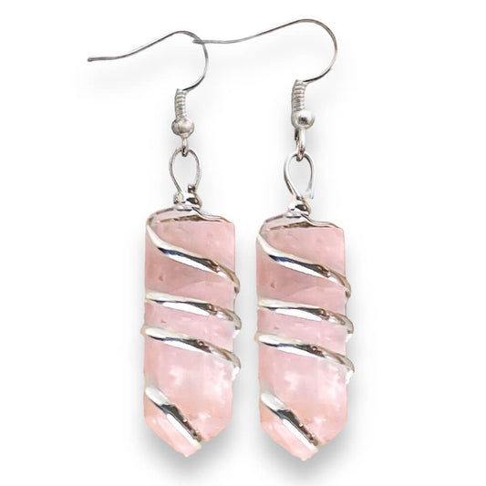 Looking for Gemstone Earrings? Gemstone Jewelry, Natural Gemstone Single-Terminated Gemstone Points wrapped at Magic Crystals. Jewelry: FREE SHIPPING AVAILABLE. Moonstone is best for healing. Spiral Wire Wrapped earring. Wire-wrapped Moonstone Stone dangle earring