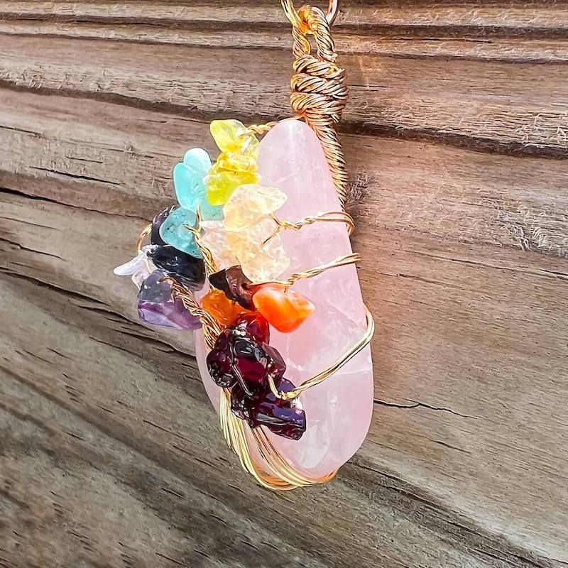 Looking for a gift for mother/her, tree of life necklace, stone necklace, pendant? Shop at Magic Crystals for a Rose Quartz 7 Chakra Tree Of Life Drop Necklace. 7 Chakra necklaces, and seven chakras jewelry pieces. Handmade Natural Rose Quartz Crystal. Rose Quartz Drop shape, teardrop, love Necklaces.