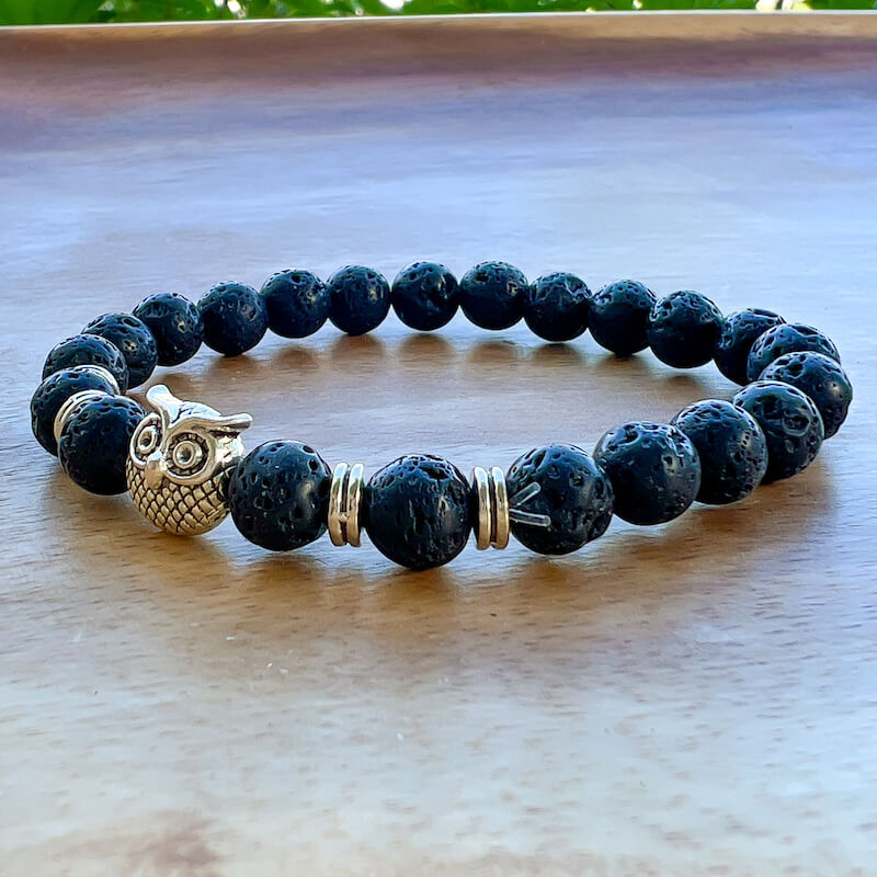 Silver-Owl-Lava-Bracelet. Lava Stone Natural Beaded Bracelet. Bead Bracelet. Natural Lava Stone Beaded Bracelet - Lava Jewelry - MagicCrystals