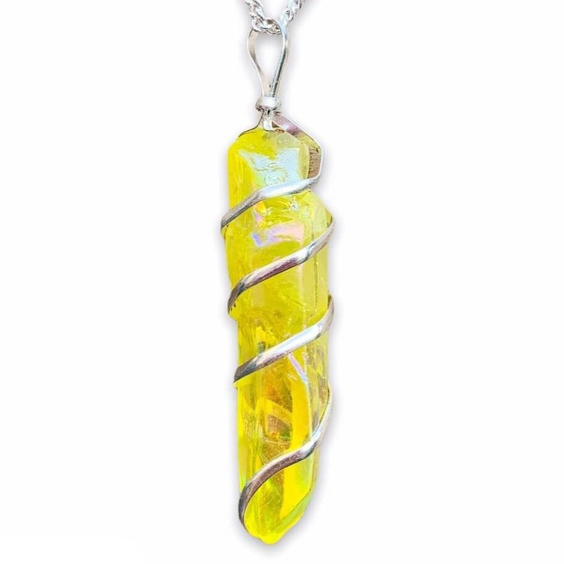 Looking for Point Natural Aura Quartz Jewelry? Magic Crystals carries a variety of Aura Quartz Spiral Wrapped Necklace. Quartz Crystal Point necklace. Wrap Necklace for Men Women. Rose, Angel, Purple, Blue Aqua, Sunshine, Ruby, Rainbow, Sunshine, Green Apple, Deep B