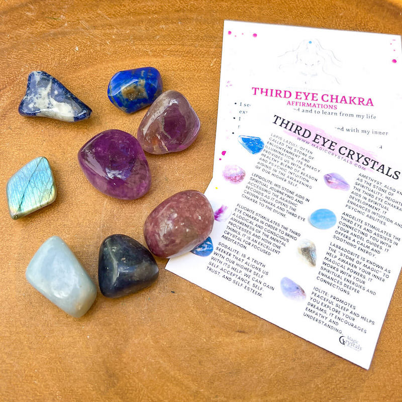 Looking for Third Eye Chakra Crystals? Shop at MagicCrystals.com for Crystals for Third Eye Chakra Opening. This chakra kit includes 9 Energy Healing Gemstones for Third Eye Chakra focus on intuition and clear thinking . FREE SHIPPING available. Third Eye Chakra known as Ajna.