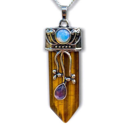    Yellow-Tiger-Eye-Pendant-Necklace. Flower Point Gemstone Pendant Necklace. Flower Point Gemstone Pendant Necklace - MagicCrystals