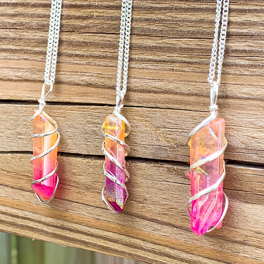 Looking for Pink and Yellow Aura Quartz Crystal Point ? Shop at Magic Crystals for a variety of Aura Quartz Crystal Rose Jewelry. Aura Quartz Crystal point. Raw Rose Aura Quartz Crystal Necklace, Healing Gemstone, Rose Aura Quartz Pendant. Raw Crystal Point Pendant Necklace, Wrap Necklace for Men Women