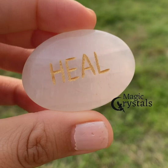 Rose-Quartz-Heal engraved-Palm-Stone. Natural Gemstone Palm Stone.Looking for Natural Gemstone Palm Stone - Worry Meditation Stones? Shop at magiccrystals.com . Magic Crystals carries Palmstones - Meditation Stones with FREE SHIPPING AVAILABLE. Empathetic, supporting and glowing with soft, pretty color, this Jade palm stone is a wonderful crystal gift for someone you love.