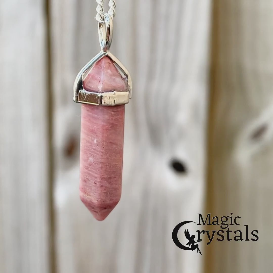 Double Point Gemstone Necklace - Rhodochrosite. Looking for a handmade Crystal Jewelry? Find genuine Double Point Gemstone Necklace when you shop at Magic Crystals. Crystal necklace, for mens and women. Gemstone Point, Healing Crystal Necklace, Layering Necklace, Gemstone Appeal Natural Healing Pendant Necklace. Collar de piedra natural unisex.