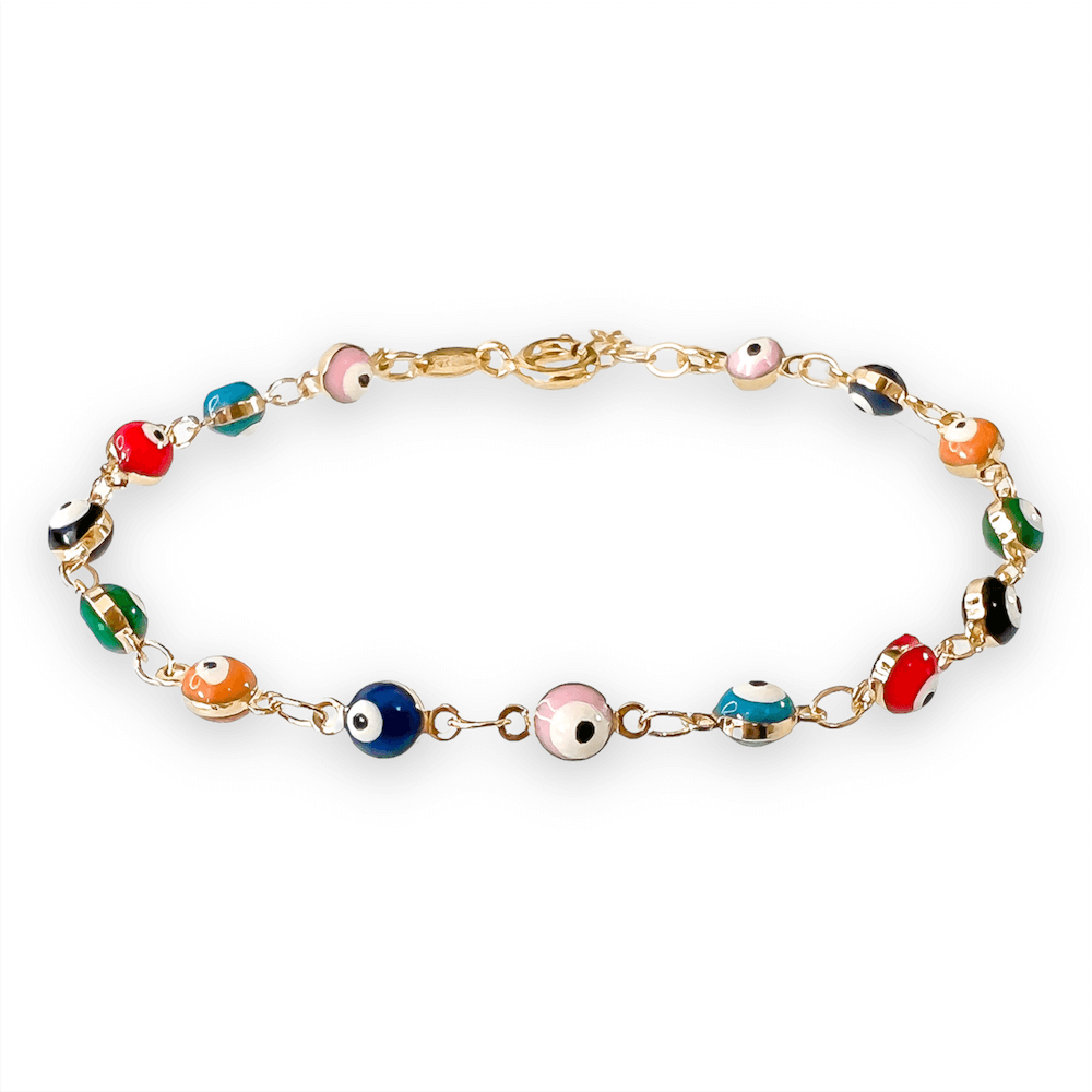 18K Gold Filled Multicolored Evil Eye Bracelet from Magic Crystals.  Hypoallergenic (lead-free, nickel-free, cadmium-free). MagicCrystals.Com bracelets are hand-crafted with love.  Unique gift with meaning to your precious days such as graduations, birthdays, mother's days, wedding events