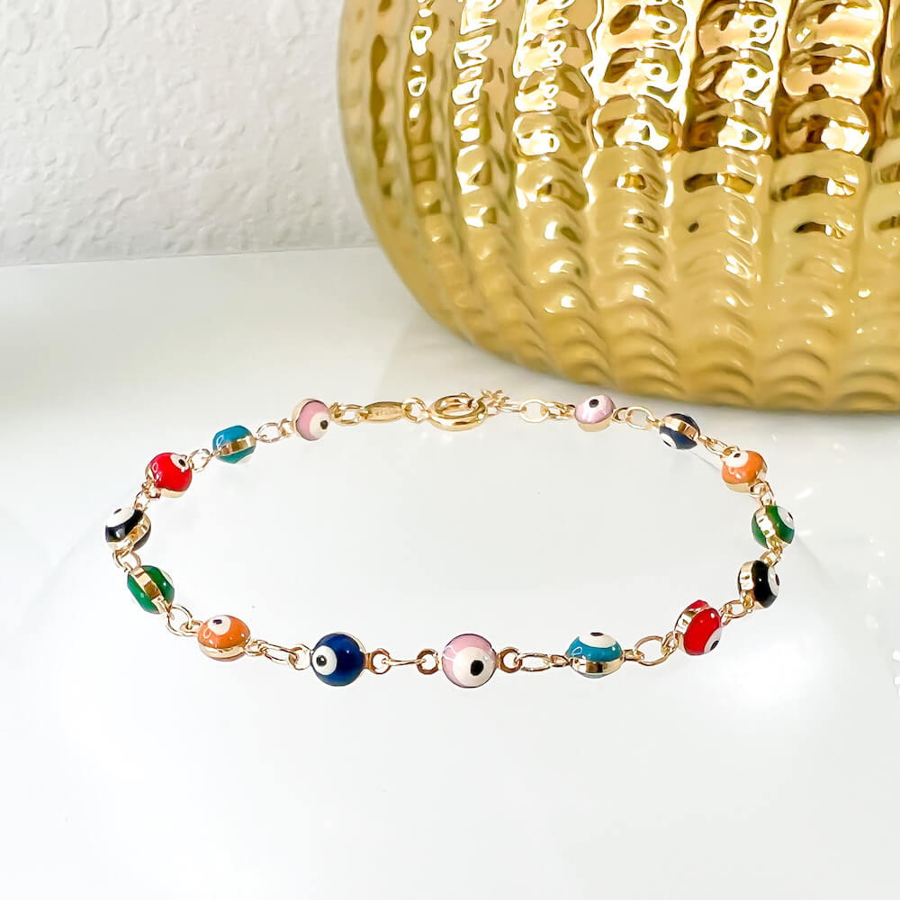 18K Gold Filled Multicolored Evil Eye Bracelet from Magic Crystals.  Hypoallergenic (lead-free, nickel-free, cadmium-free). MagicCrystals.Com bracelets are hand-crafted with love.  Unique gift with meaning to your precious days such as graduations, birthdays, mother's days, wedding events