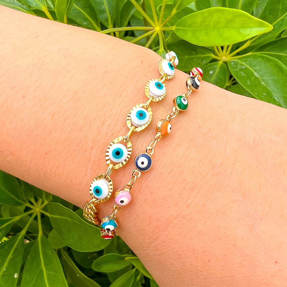 18K Gold Filled Light Blue Evil Eye Protection Bracelet.  Hypoallergenic (lead-free, nickel-free, cadmium-free). MagicCrystals.Com bracelets are hand-crafted with love.  Unique gift with meaning to your precious days such as graduations, birthdays, mother's days, wedding events