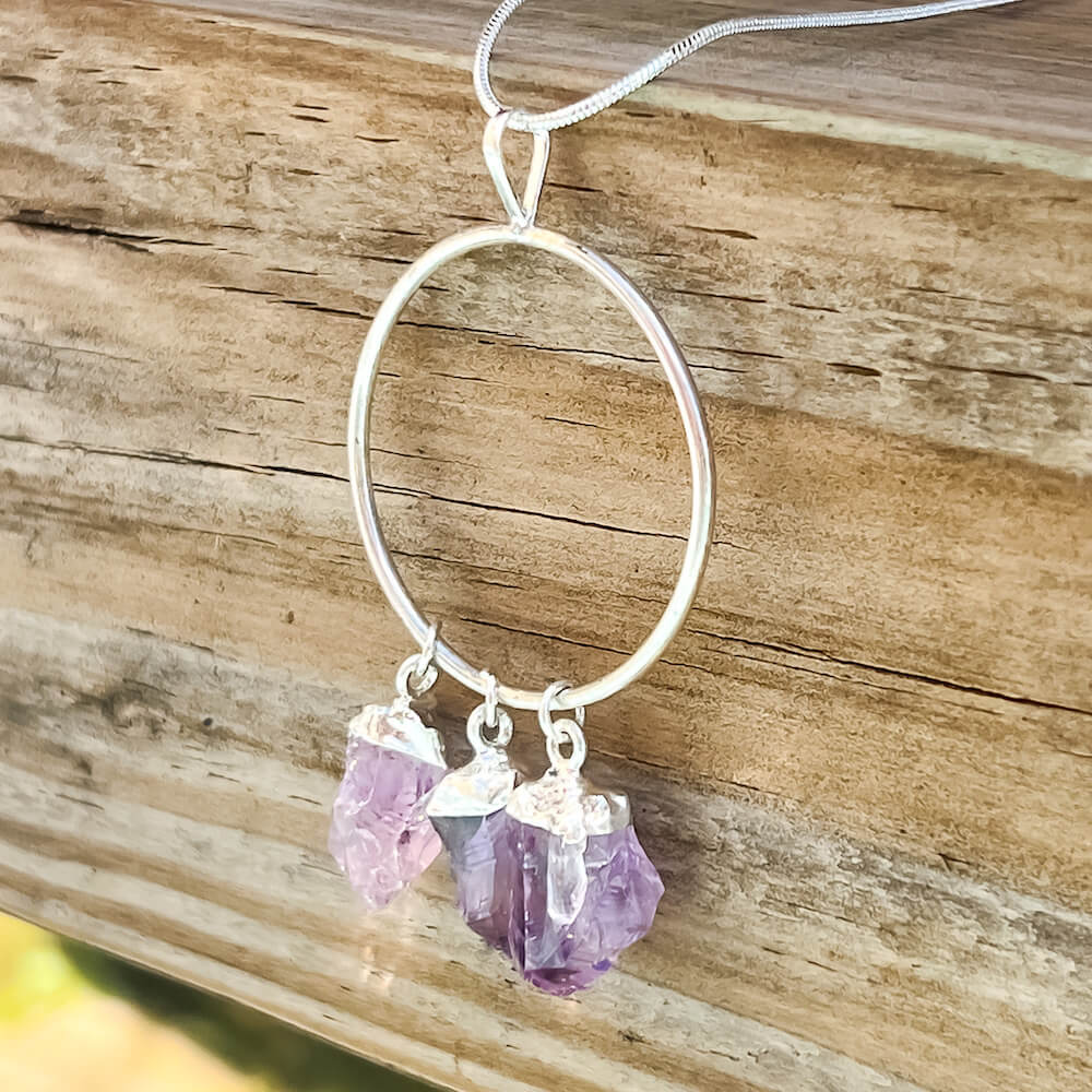 Beautiful Triple Amethyst Necklace - Amethyst Jewelry - genuine high-quality amethyst from Brazil made into a pendant with Silver Chain Necklace with a Lobster claw clasp. Triple Raw Amethyst Pendant Necklace for Healing - FREE SHIPPING. Amethyst helps relieve stress.