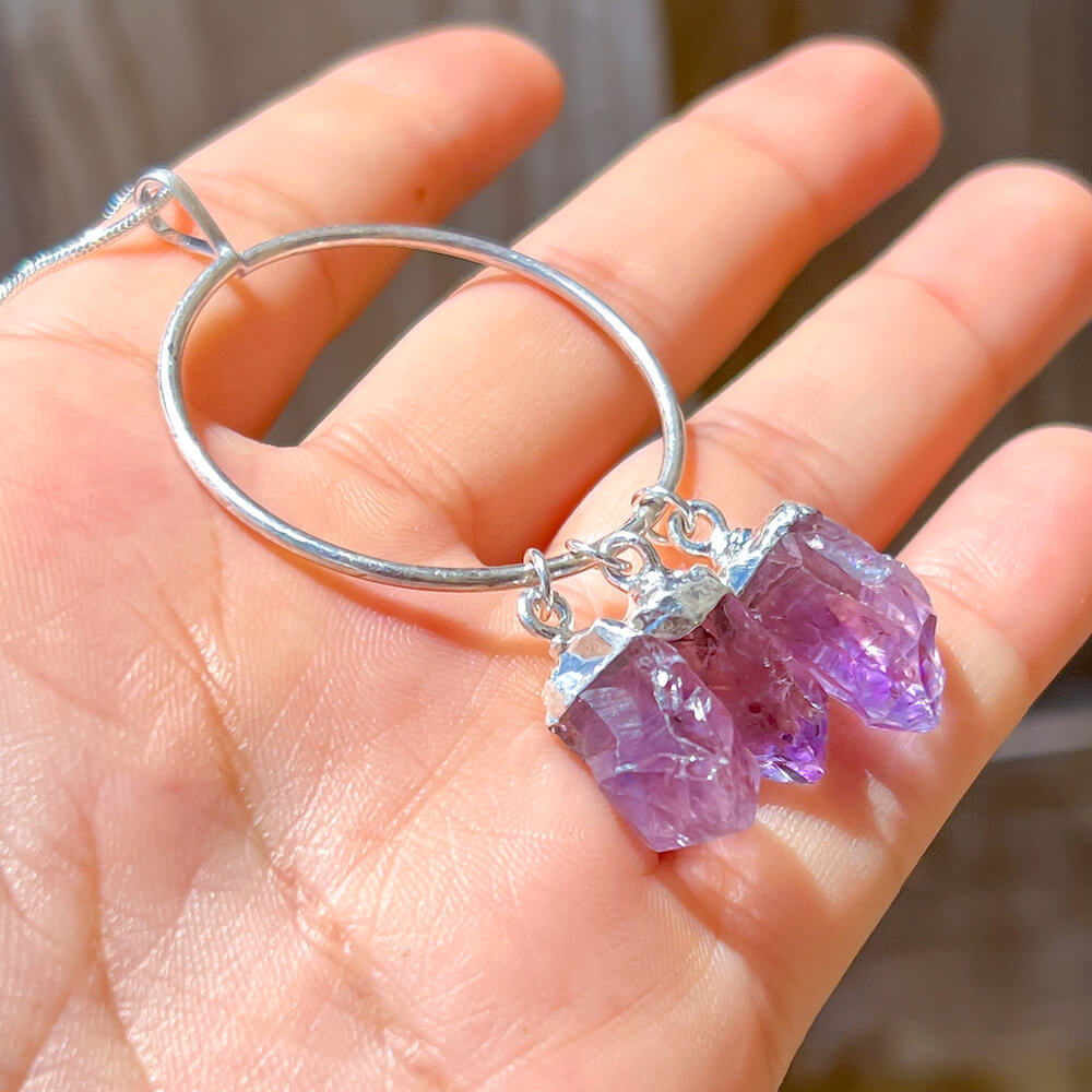 Beautiful Triple Amethyst Necklace - Amethyst Jewelry - genuine high-quality amethyst from Brazil made into a pendant with Silver Chain Necklace with a Lobster claw clasp. Triple Raw Amethyst Pendant Necklace for Healing - FREE SHIPPING. Amethyst helps relieve stress.