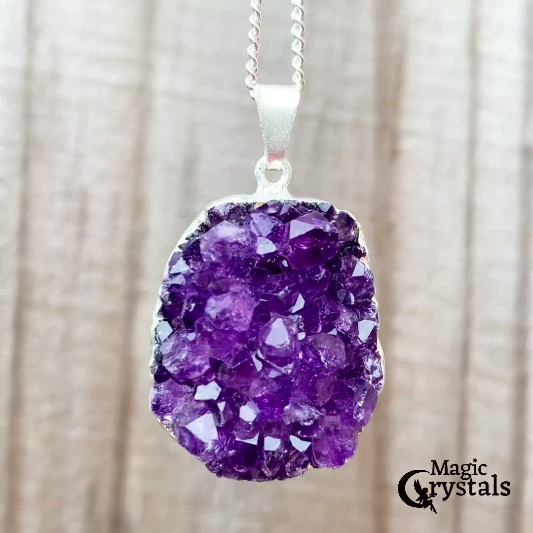 Amethyst Necklace. Shop for Raw Amethyst Pendant Necklace - Amethyst Jewelry at Magic Crystals. FREE SHIPPING available. Grade A, genuine amethyst, giving it an elegant look perfect for anniversary gift, Christmas. Gift for spiritual people. Raw Crystal Necklace, Raw Stone Amethyst Druzy Pendant.