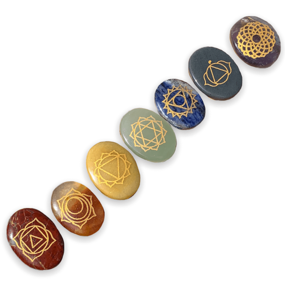 7 CHAKRAS ENGRAVED STONE PALM SET. All this powerful seven Chakra gemstone Collected from the different sources of mother nature. All 7 Chakra Gemstone Set. Seven Chakra crystals are ideal to stimulate your energy points known as the chakras. They bring balance, awareness, and spiritual growth.