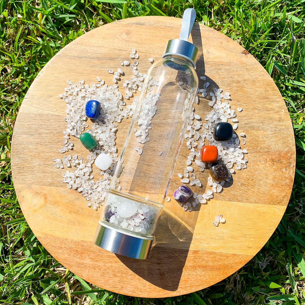 7-chakra-Gemstone. Looking for Authentic Tumbled Crystal Water Bottle | Glass and Stainless Steel Water Bottle? Shop at Magic Crystals for Crystal Bottle, Stone Infused, Elixir, Stainless Steel and Environmentally Friendly bottle. 400 - 500 ml Tumbled Gemstone Unique Mineral Collection Gift. Gem Elixir Water Bottle.