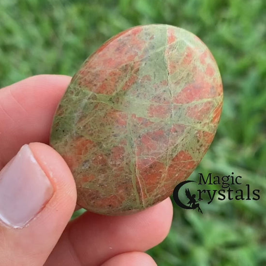 Unakite-Palm-Stone. Natural Gemstone Palm Stone.Looking for Natural Gemstone Palm Stone - Worry Meditation Stones? Shop at magiccrystals.com . Magic Crystals carries Palmstones - Meditation Stones with FREE SHIPPING AVAILABLE. Empathetic, supporting and glowing with soft, pretty color, this Jade palm stone is a wonderful crystal gift for someone you love.