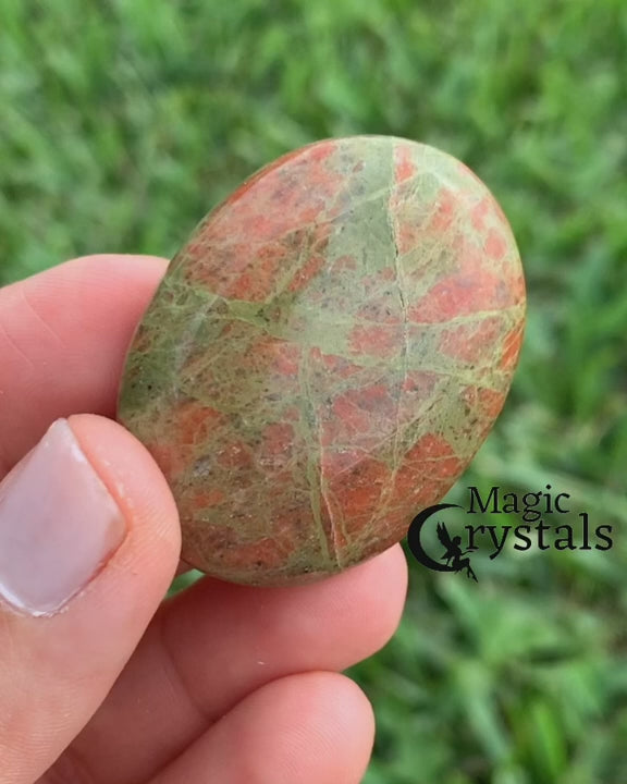 Unakite-Palm-Stone. Natural Gemstone Palm Stone.Looking for Natural Gemstone Palm Stone - Worry Meditation Stones? Shop at magiccrystals.com . Magic Crystals carries Palmstones - Meditation Stones with FREE SHIPPING AVAILABLE. Empathetic, supporting and glowing with soft, pretty color, this Jade palm stone is a wonderful crystal gift for someone you love.