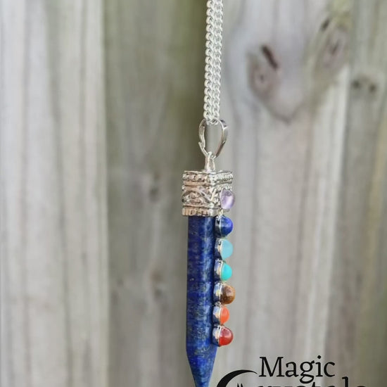 Lapis-Lazuli-seven-chakras-necklace.ooking for Chakra Jewelry? Shop for 7 Chakra Single Point Pendant Necklace at Magic Crystals. This pendant features seven stones that connect with the seven chakras all aligned atop a crystal point. chakra necklace, 7 chakra stones, yoga necklace with crystal gemstones. handmade crystals, gifts for her, gifts for him